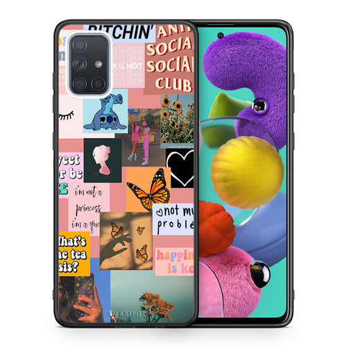 Θήκη Αγίου Βαλεντίνου Samsung A51 Collage Bitchin από τη Smartfits με σχέδιο στο πίσω μέρος και μαύρο περίβλημα | Samsung A51 Collage Bitchin case with colorful back and black bezels