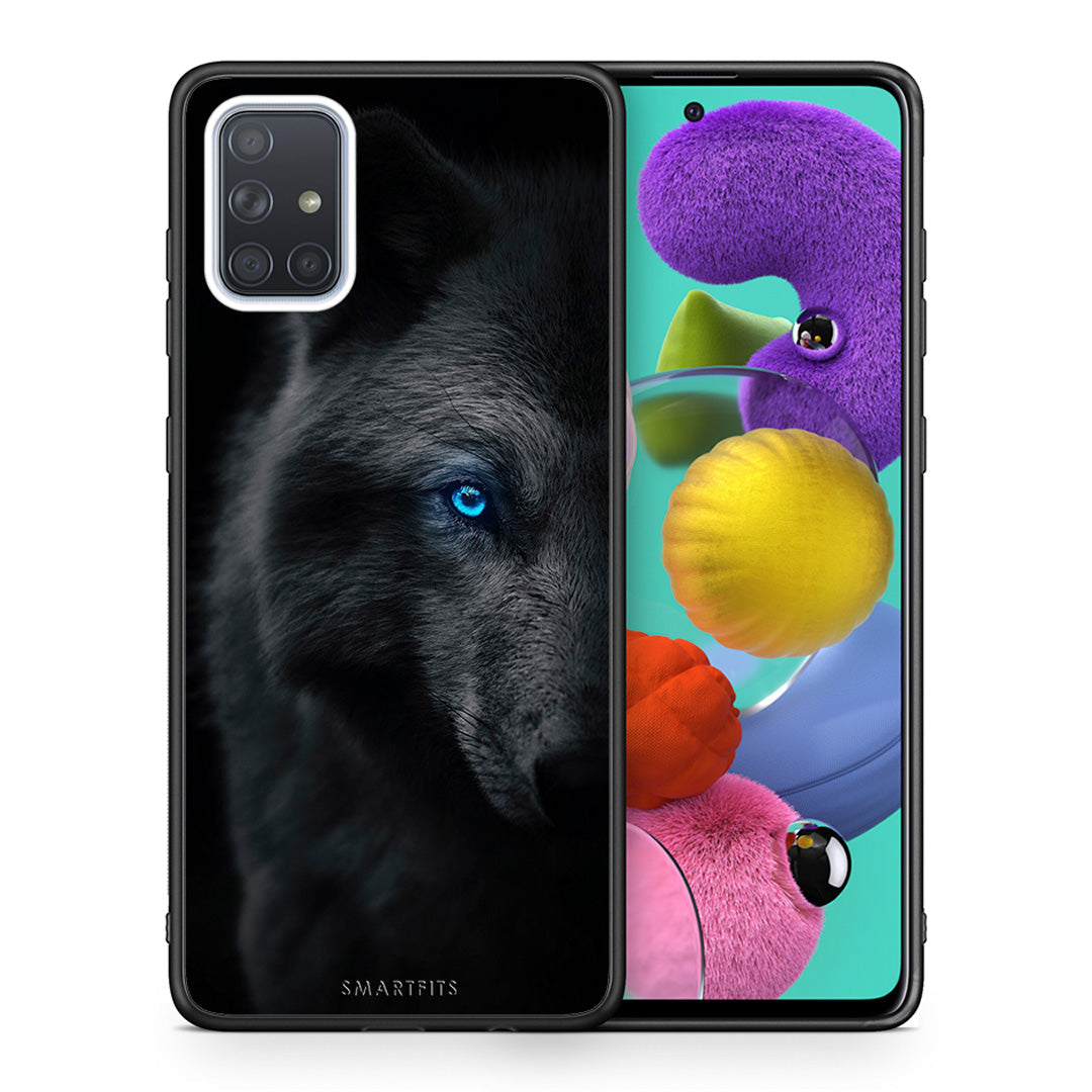 Θήκη Samsung A51 Dark Wolf από τη Smartfits με σχέδιο στο πίσω μέρος και μαύρο περίβλημα | Samsung A51 Dark Wolf case with colorful back and black bezels