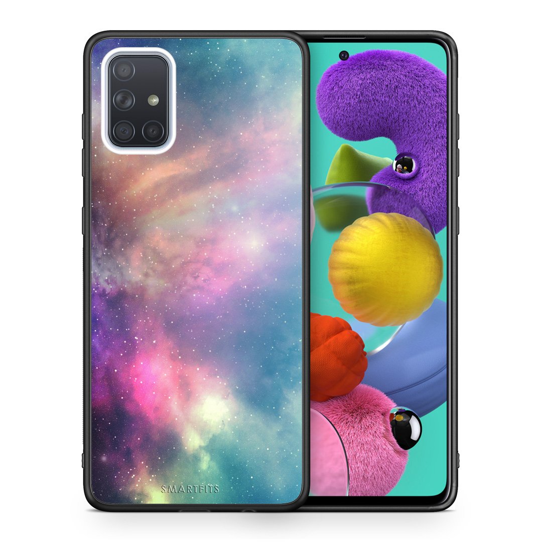Θήκη Samsung A51 Rainbow Galaxy από τη Smartfits με σχέδιο στο πίσω μέρος και μαύρο περίβλημα | Samsung A51 Rainbow Galaxy case with colorful back and black bezels