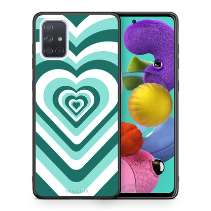 Θήκη Samsung A51 Green Hearts από τη Smartfits με σχέδιο στο πίσω μέρος και μαύρο περίβλημα | Samsung A51 Green Hearts case with colorful back and black bezels