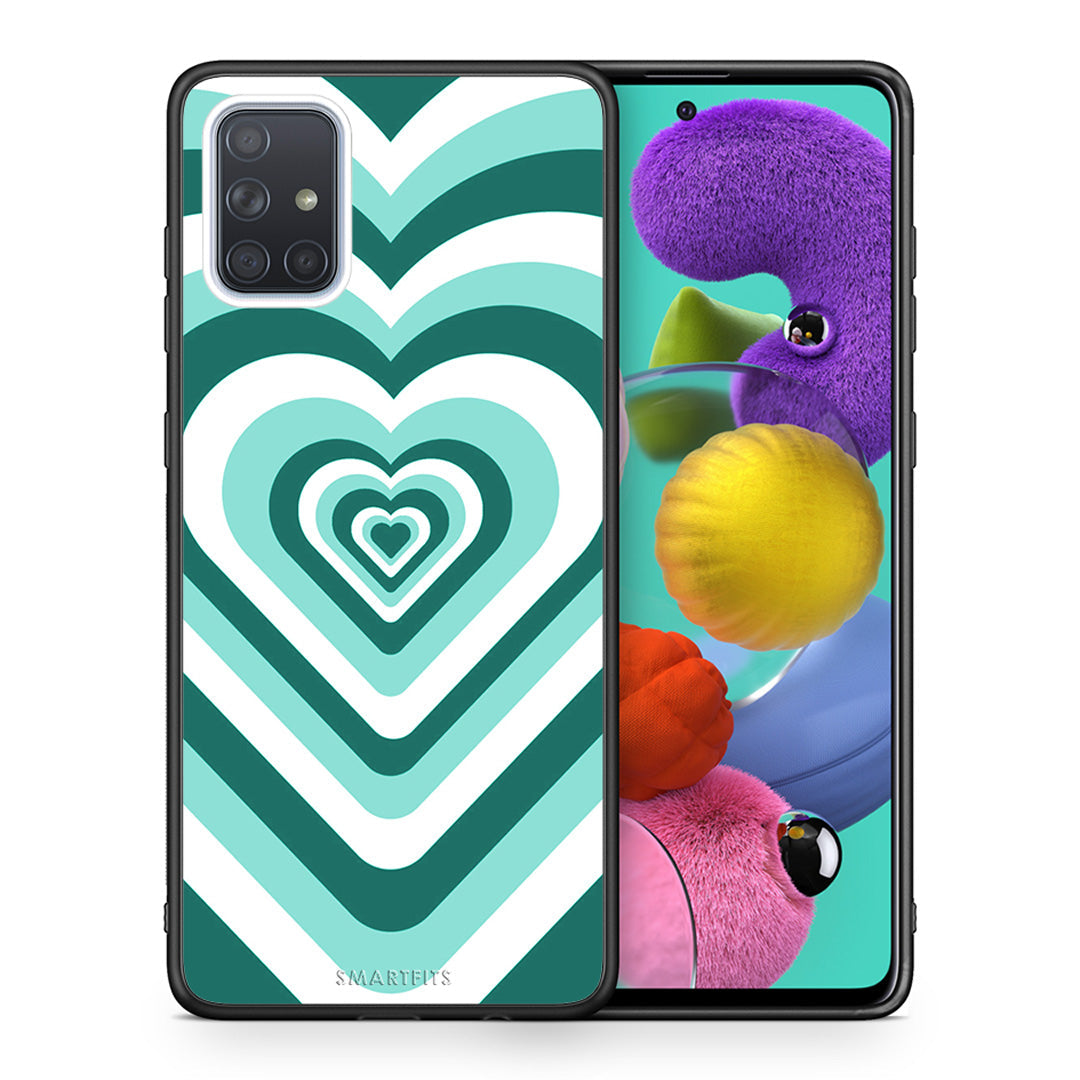 Θήκη Samsung A51 Green Hearts από τη Smartfits με σχέδιο στο πίσω μέρος και μαύρο περίβλημα | Samsung A51 Green Hearts case with colorful back and black bezels