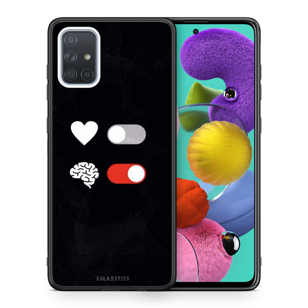 Θήκη Αγίου Βαλεντίνου Samsung A51 Heart Vs Brain από τη Smartfits με σχέδιο στο πίσω μέρος και μαύρο περίβλημα | Samsung A51 Heart Vs Brain case with colorful back and black bezels