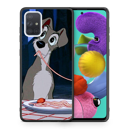 Θήκη Αγίου Βαλεντίνου Samsung A51 Lady And Tramp 1 από τη Smartfits με σχέδιο στο πίσω μέρος και μαύρο περίβλημα | Samsung A51 Lady And Tramp 1 case with colorful back and black bezels
