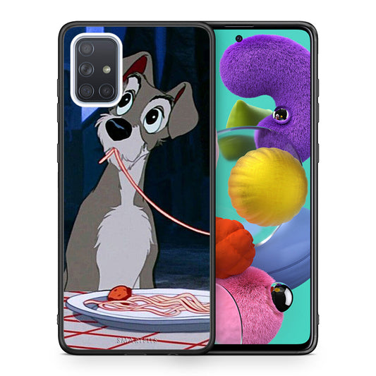 Θήκη Αγίου Βαλεντίνου Samsung A51 Lady And Tramp 1 από τη Smartfits με σχέδιο στο πίσω μέρος και μαύρο περίβλημα | Samsung A51 Lady And Tramp 1 case with colorful back and black bezels