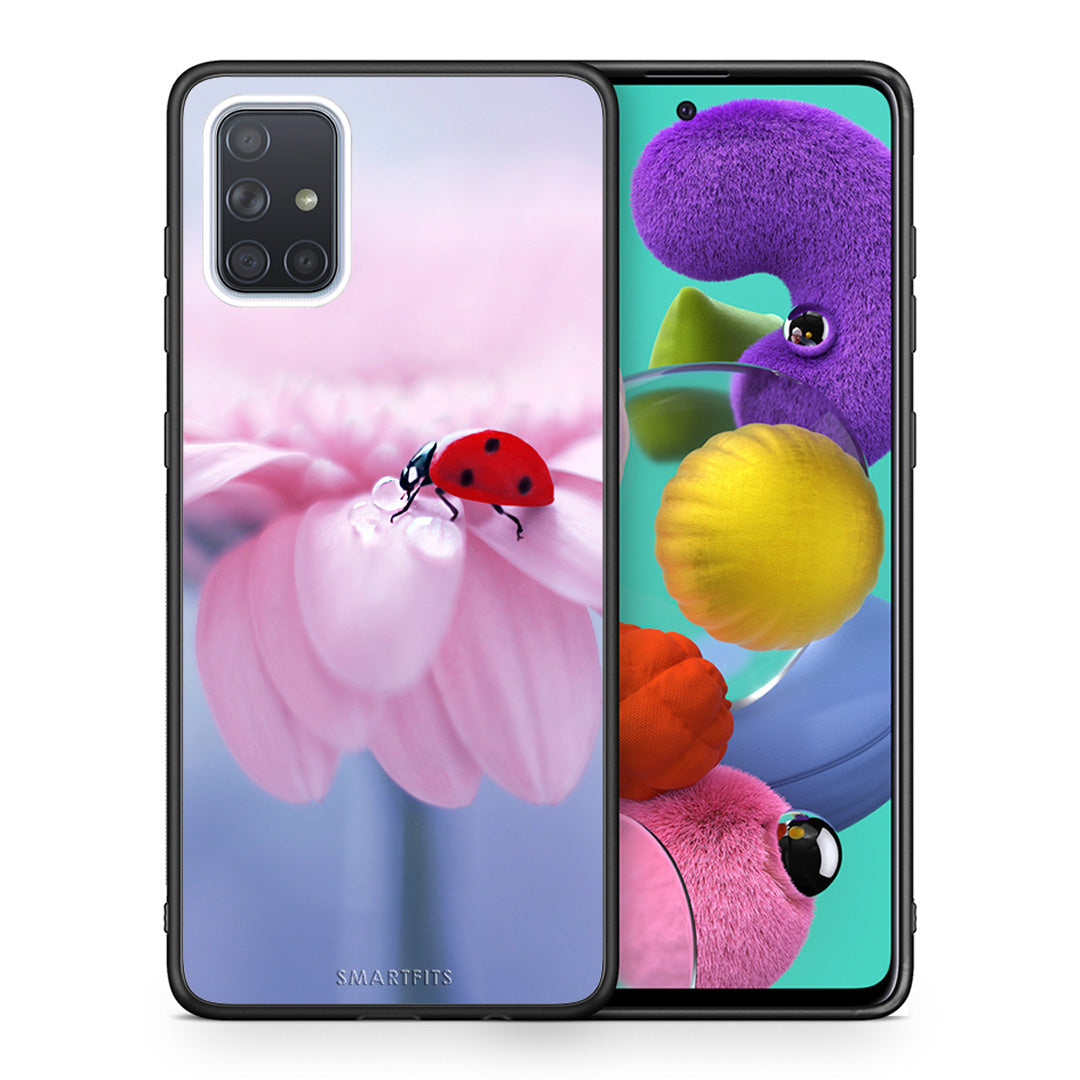 Θήκη Samsung A51 Ladybug Flower από τη Smartfits με σχέδιο στο πίσω μέρος και μαύρο περίβλημα | Samsung A51 Ladybug Flower case with colorful back and black bezels