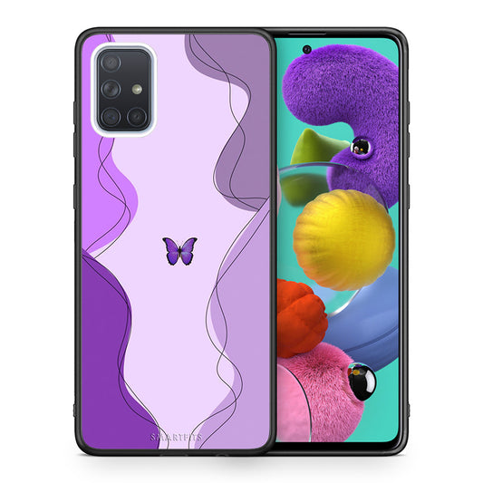 Θήκη Αγίου Βαλεντίνου Samsung A51 Purple Mariposa από τη Smartfits με σχέδιο στο πίσω μέρος και μαύρο περίβλημα | Samsung A51 Purple Mariposa case with colorful back and black bezels