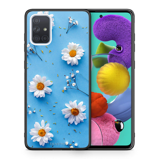 Θήκη Samsung A51 Real Daisies από τη Smartfits με σχέδιο στο πίσω μέρος και μαύρο περίβλημα | Samsung A51 Real Daisies case with colorful back and black bezels