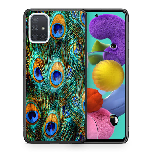 Θήκη Samsung A51 Real Peacock Feathers από τη Smartfits με σχέδιο στο πίσω μέρος και μαύρο περίβλημα | Samsung A51 Real Peacock Feathers case with colorful back and black bezels