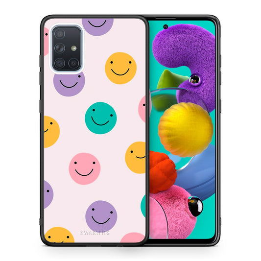 Θήκη Samsung A51 Smiley Faces από τη Smartfits με σχέδιο στο πίσω μέρος και μαύρο περίβλημα | Samsung A51 Smiley Faces case with colorful back and black bezels