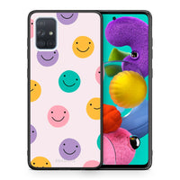 Thumbnail for Θήκη Samsung A51 Smiley Faces από τη Smartfits με σχέδιο στο πίσω μέρος και μαύρο περίβλημα | Samsung A51 Smiley Faces case with colorful back and black bezels