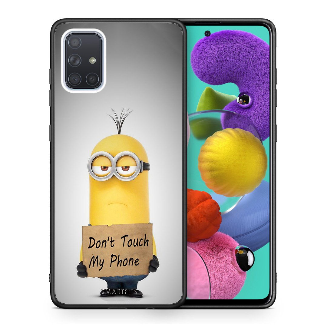 Θήκη Samsung A51 Minion Text από τη Smartfits με σχέδιο στο πίσω μέρος και μαύρο περίβλημα | Samsung A51 Minion Text case with colorful back and black bezels