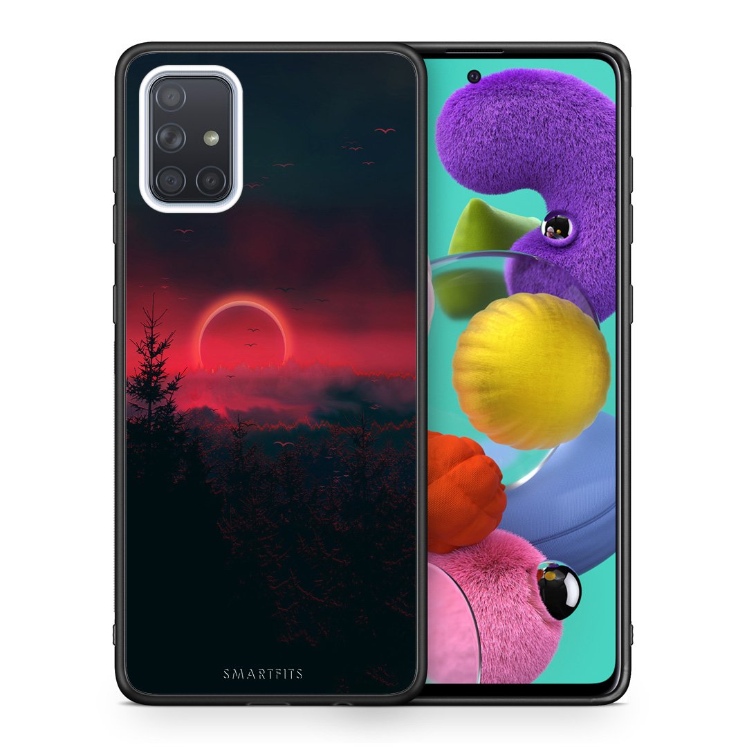 Θήκη Samsung A51 Sunset Tropic από τη Smartfits με σχέδιο στο πίσω μέρος και μαύρο περίβλημα | Samsung A51 Sunset Tropic case with colorful back and black bezels