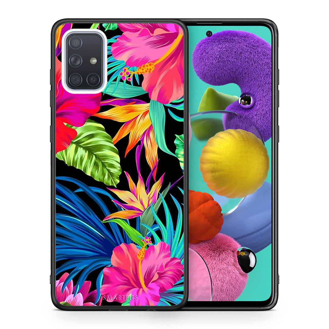 Θήκη Samsung A51 Tropical Flowers από τη Smartfits με σχέδιο στο πίσω μέρος και μαύρο περίβλημα | Samsung A51 Tropical Flowers case with colorful back and black bezels