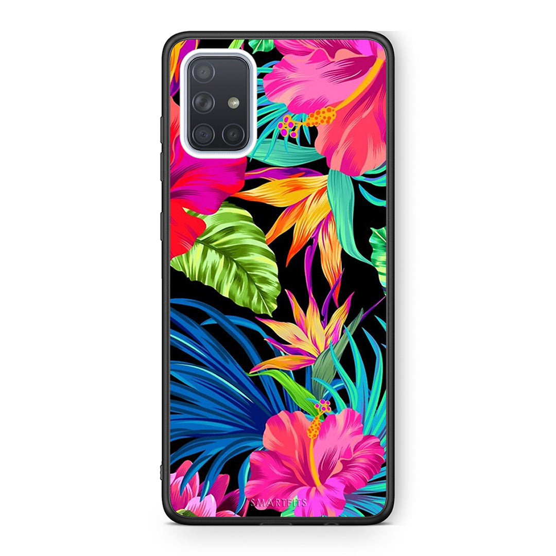 Samsung A51 Tropical Flowers θήκη από τη Smartfits με σχέδιο στο πίσω μέρος και μαύρο περίβλημα | Smartphone case with colorful back and black bezels by Smartfits