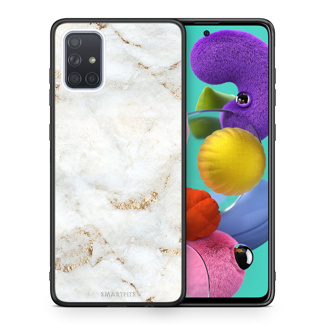 Θήκη Samsung A51 White Gold Marble από τη Smartfits με σχέδιο στο πίσω μέρος και μαύρο περίβλημα | Samsung A51 White Gold Marble case with colorful back and black bezels