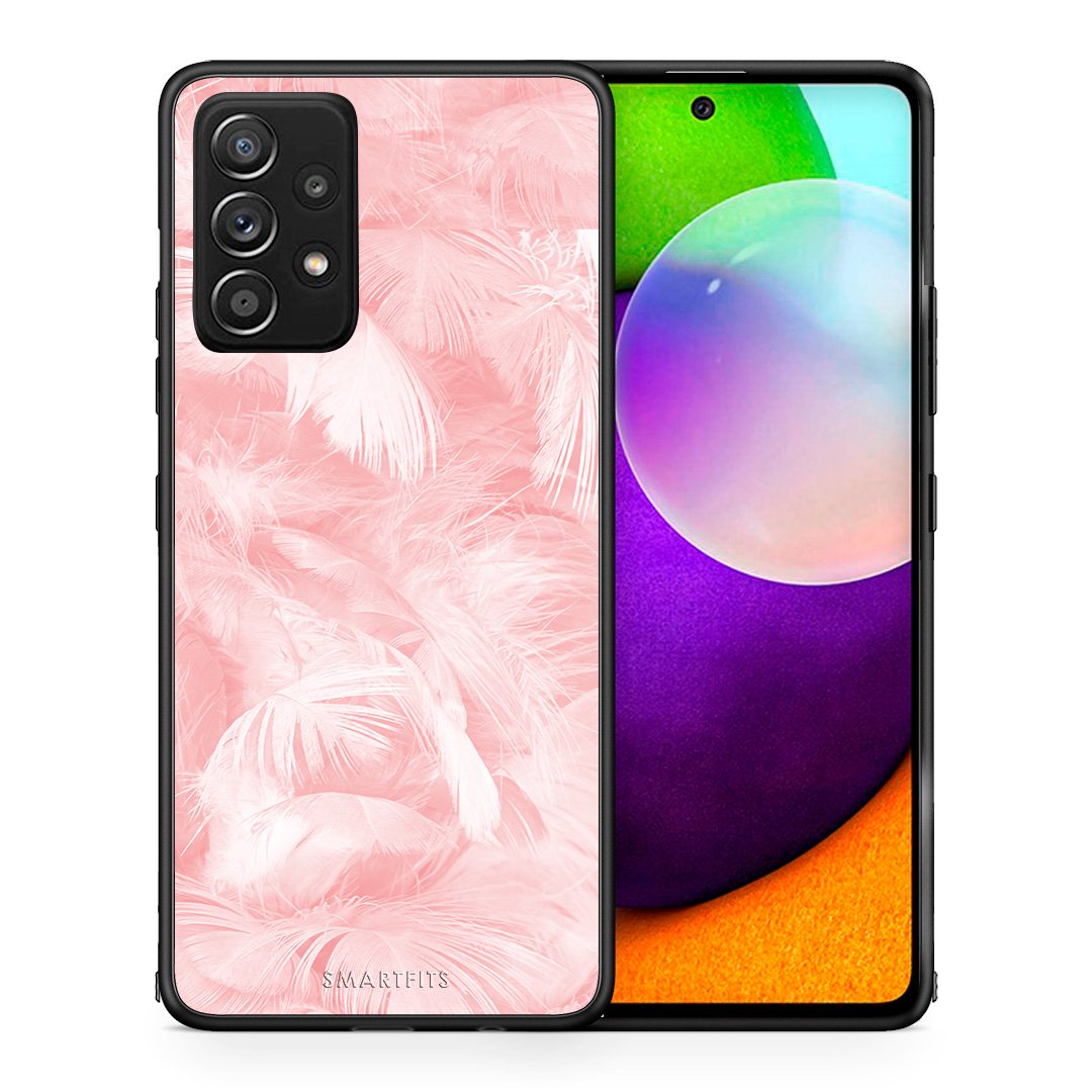 Θήκη Samsung Galaxy A52 Pink Feather Boho από τη Smartfits με σχέδιο στο πίσω μέρος και μαύρο περίβλημα | Samsung Galaxy A52 Pink Feather Boho case with colorful back and black bezels