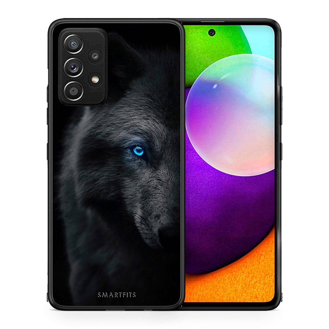 Θήκη Samsung Galaxy A52 Dark Wolf από τη Smartfits με σχέδιο στο πίσω μέρος και μαύρο περίβλημα | Samsung Galaxy A52 Dark Wolf case with colorful back and black bezels