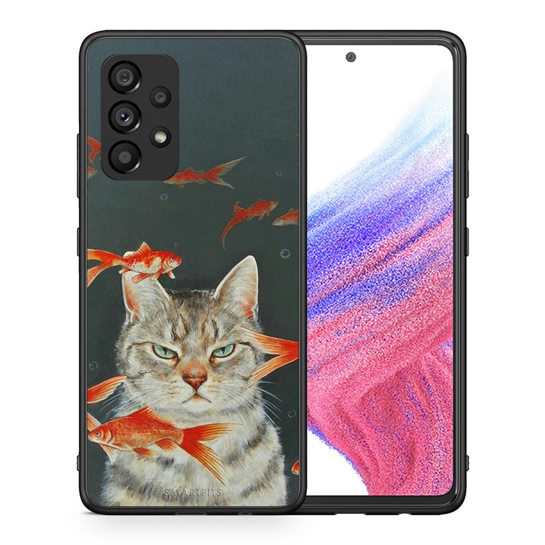 Θήκη Samsung A53 5G Cat Goldfish από τη Smartfits με σχέδιο στο πίσω μέρος και μαύρο περίβλημα | Samsung A53 5G Cat Goldfish case with colorful back and black bezels