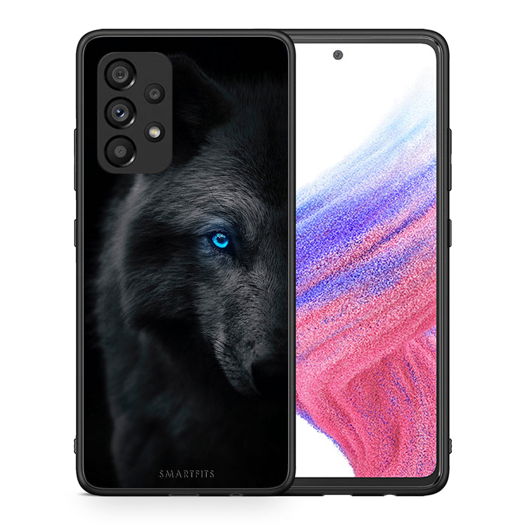 Θήκη Samsung A53 5G Dark Wolf από τη Smartfits με σχέδιο στο πίσω μέρος και μαύρο περίβλημα | Samsung A53 5G Dark Wolf case with colorful back and black bezels