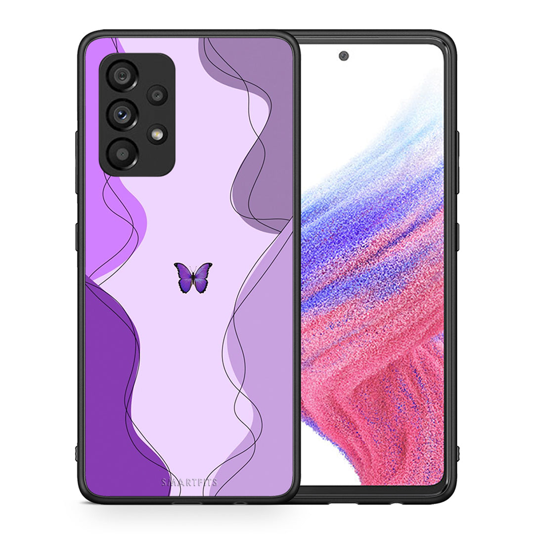 Θήκη Αγίου Βαλεντίνου Samsung A53 5G Purple Mariposa από τη Smartfits με σχέδιο στο πίσω μέρος και μαύρο περίβλημα | Samsung A53 5G Purple Mariposa case with colorful back and black bezels