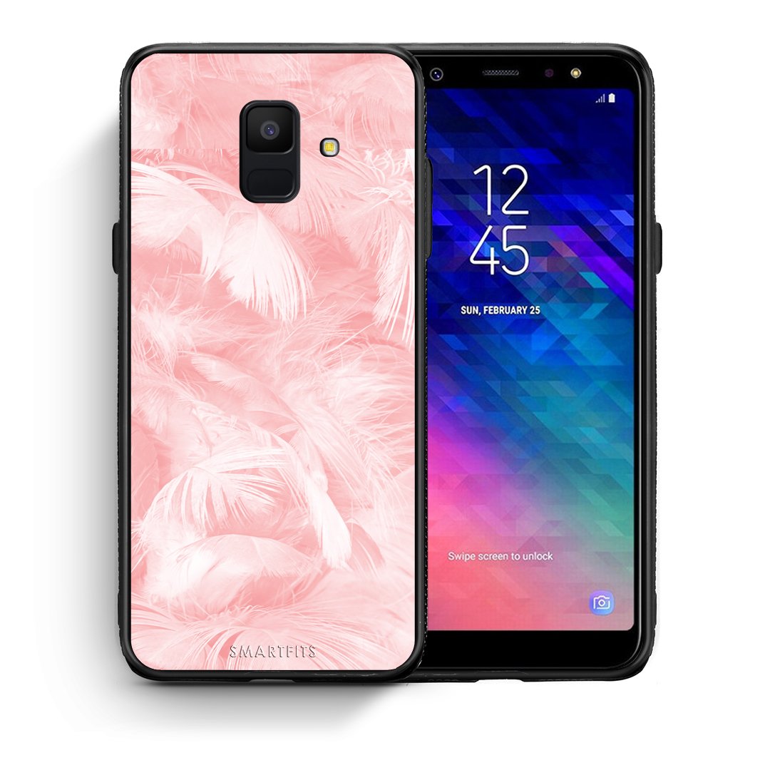 Θήκη Samsung A6 2018 Pink Feather Boho από τη Smartfits με σχέδιο στο πίσω μέρος και μαύρο περίβλημα | Samsung A6 2018 Pink Feather Boho case with colorful back and black bezels