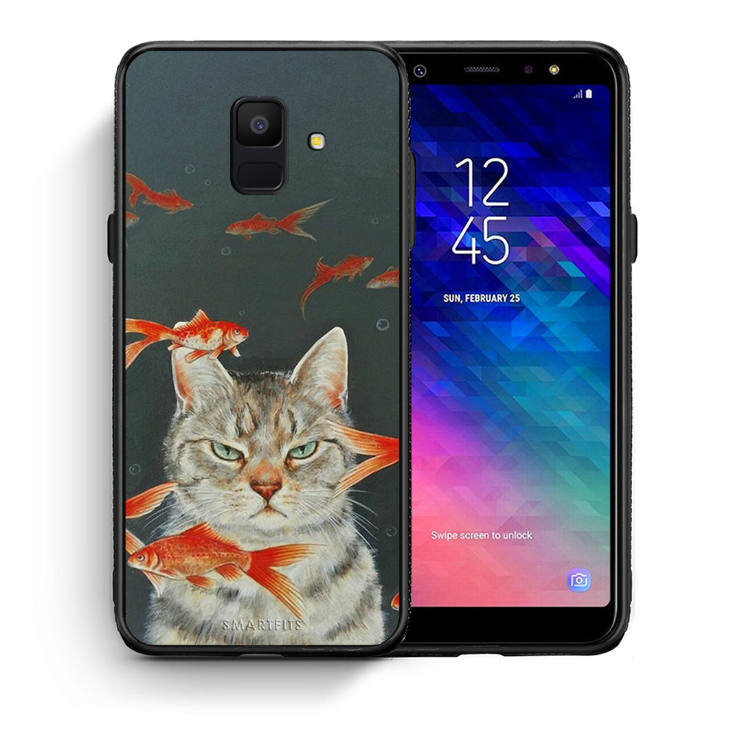 Θήκη Samsung A6 2018 Cat Goldfish από τη Smartfits με σχέδιο στο πίσω μέρος και μαύρο περίβλημα | Samsung A6 2018 Cat Goldfish case with colorful back and black bezels