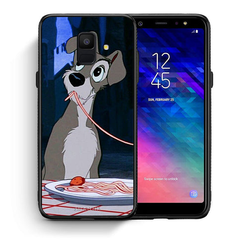 Θήκη Αγίου Βαλεντίνου Samsung A6 2018 Lady And Tramp 1 από τη Smartfits με σχέδιο στο πίσω μέρος και μαύρο περίβλημα | Samsung A6 2018 Lady And Tramp 1 case with colorful back and black bezels