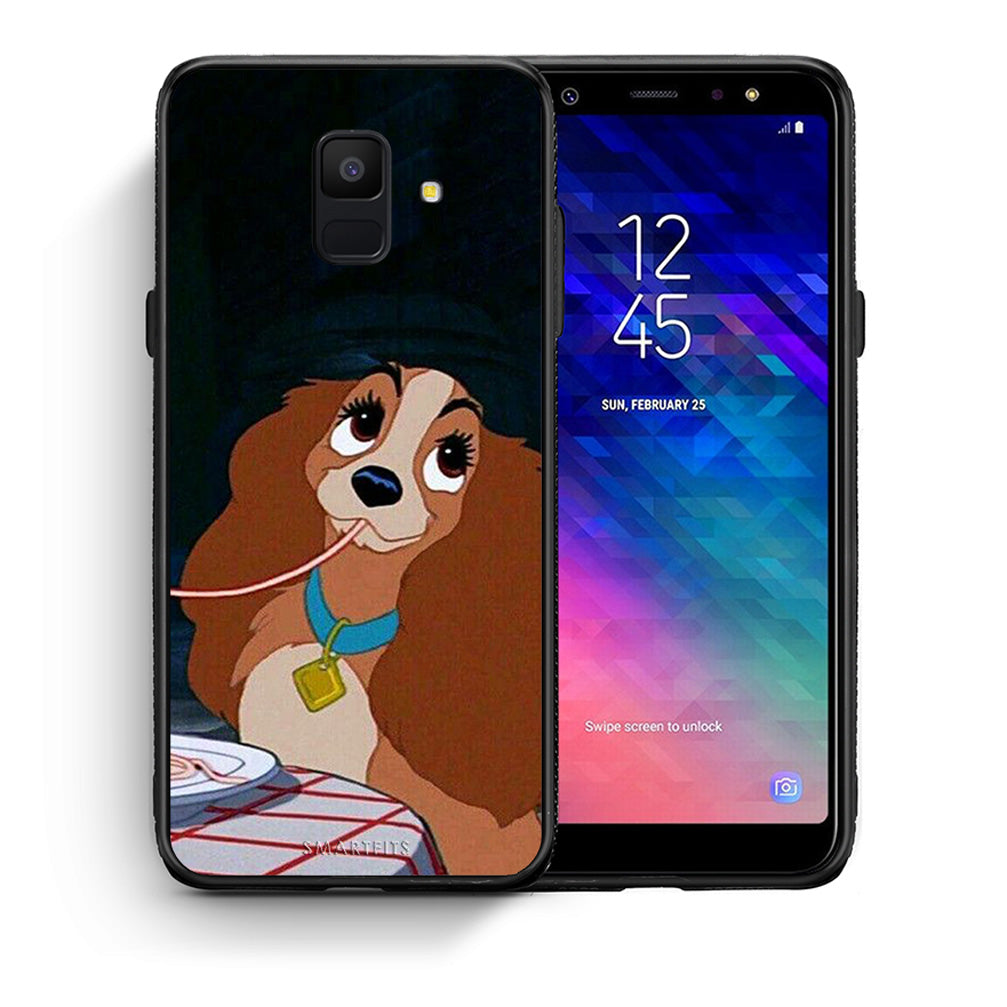 Θήκη Αγίου Βαλεντίνου Samsung A6 2018 Lady And Tramp 2 από τη Smartfits με σχέδιο στο πίσω μέρος και μαύρο περίβλημα | Samsung A6 2018 Lady And Tramp 2 case with colorful back and black bezels