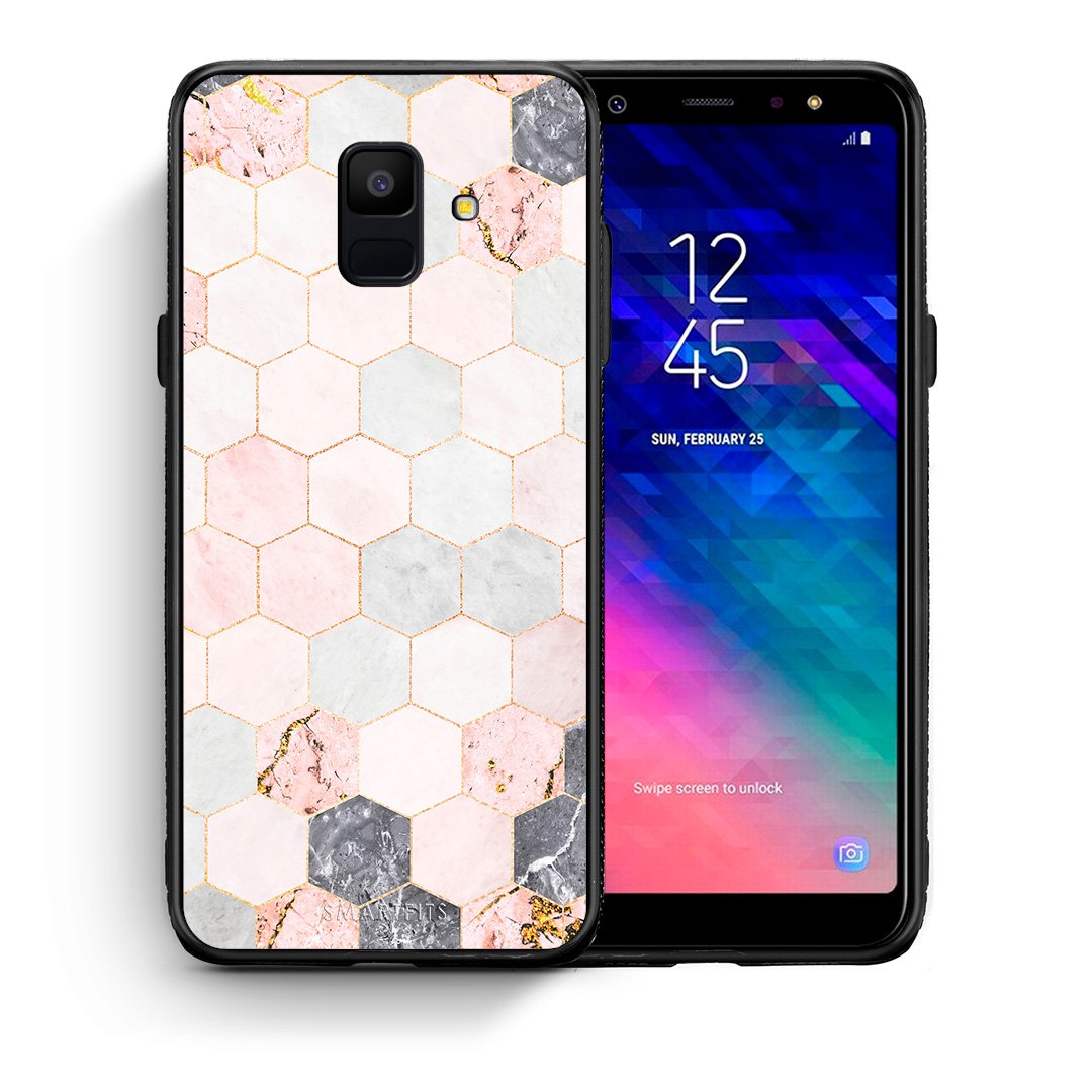 Θήκη Samsung A6 2018 Hexagon Pink Marble από τη Smartfits με σχέδιο στο πίσω μέρος και μαύρο περίβλημα | Samsung A6 2018 Hexagon Pink Marble case with colorful back and black bezels