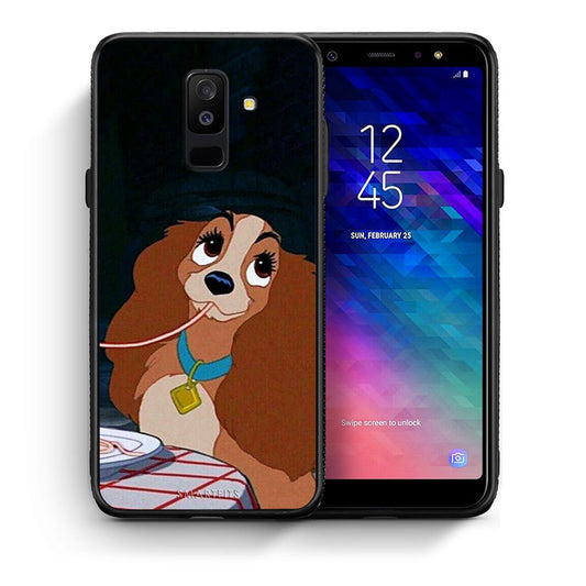 Θήκη Αγίου Βαλεντίνου Samsung A6+ 2018 Lady And Tramp 2 από τη Smartfits με σχέδιο στο πίσω μέρος και μαύρο περίβλημα | Samsung A6+ 2018 Lady And Tramp 2 case with colorful back and black bezels