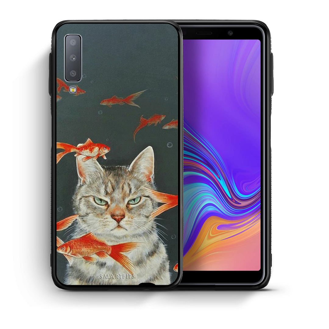 Θήκη Samsung A7 2018 Cat Goldfish από τη Smartfits με σχέδιο στο πίσω μέρος και μαύρο περίβλημα | Samsung A7 2018 Cat Goldfish case with colorful back and black bezels
