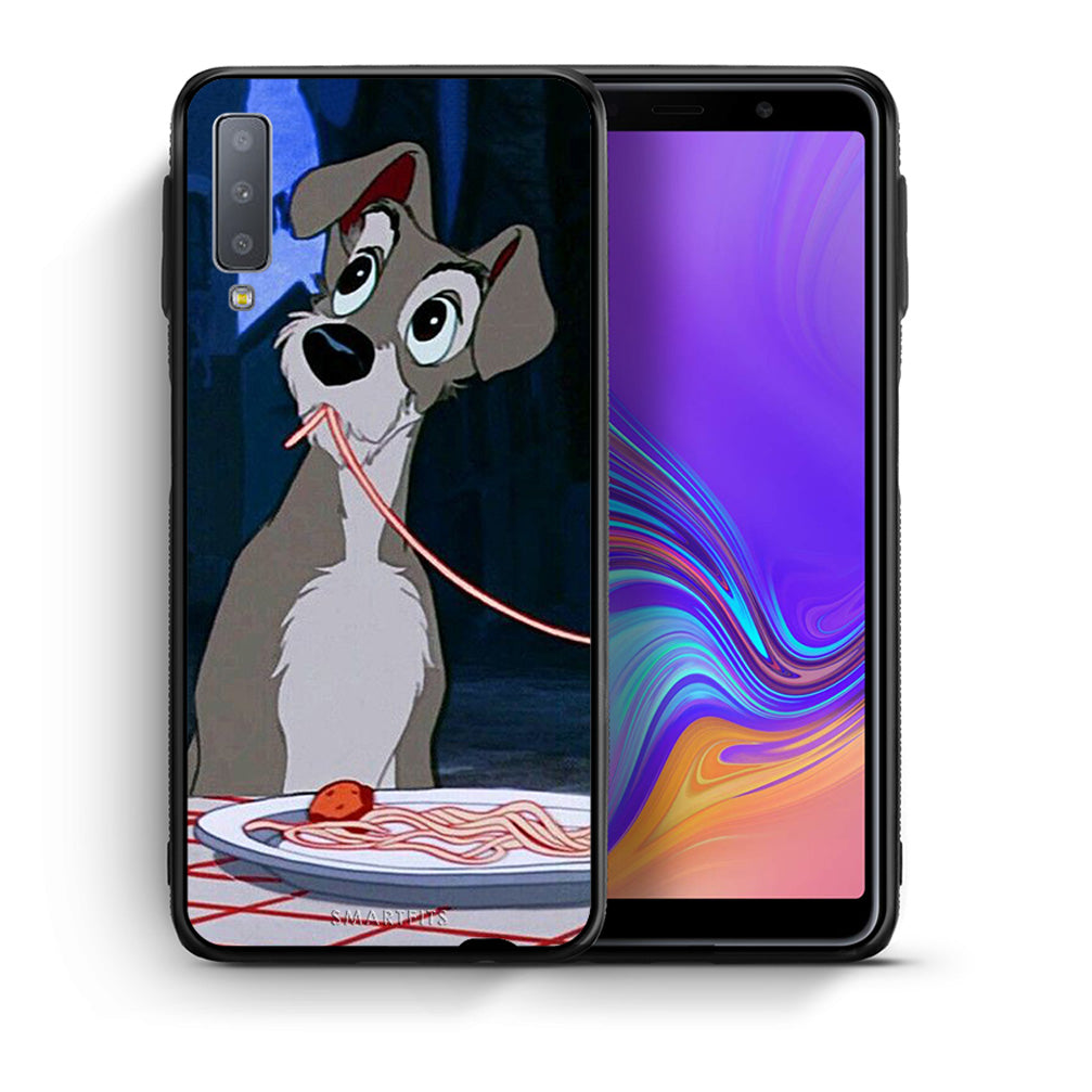 Θήκη Αγίου Βαλεντίνου Samsung A7 2018 Lady And Tramp 1 από τη Smartfits με σχέδιο στο πίσω μέρος και μαύρο περίβλημα | Samsung A7 2018 Lady And Tramp 1 case with colorful back and black bezels