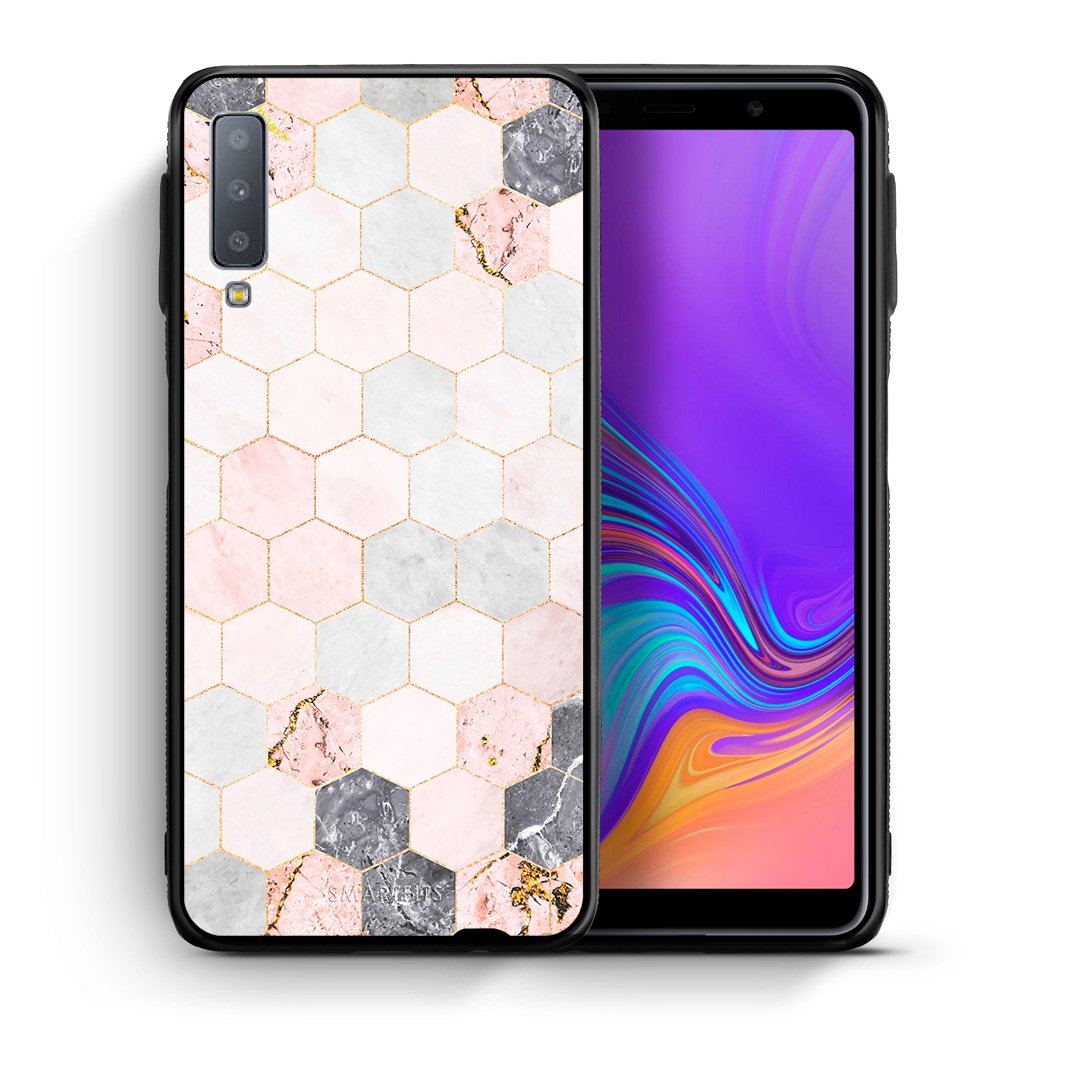 Θήκη Samsung A7 2018 Hexagon Pink Marble από τη Smartfits με σχέδιο στο πίσω μέρος και μαύρο περίβλημα | Samsung A7 2018 Hexagon Pink Marble case with colorful back and black bezels
