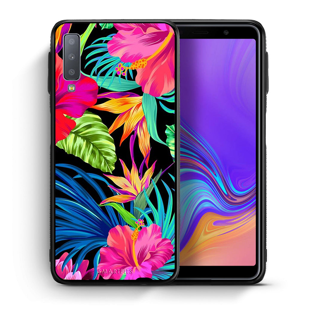 Θήκη Samsung A7 2018 Tropical Flowers από τη Smartfits με σχέδιο στο πίσω μέρος και μαύρο περίβλημα | Samsung A7 2018 Tropical Flowers case with colorful back and black bezels