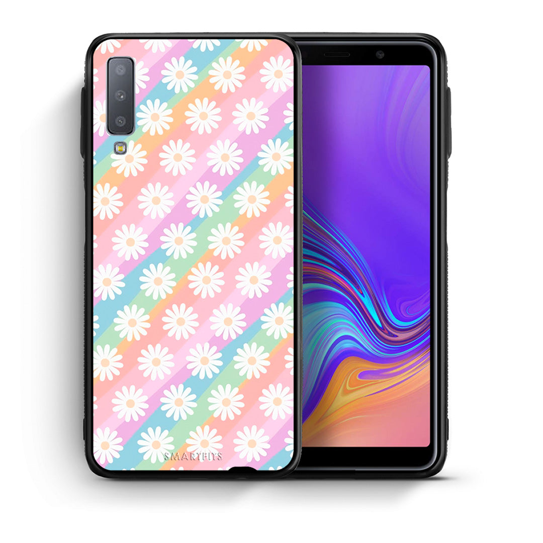 Θήκη Samsung A7 2018 White Daisies από τη Smartfits με σχέδιο στο πίσω μέρος και μαύρο περίβλημα | Samsung A7 2018 White Daisies case with colorful back and black bezels