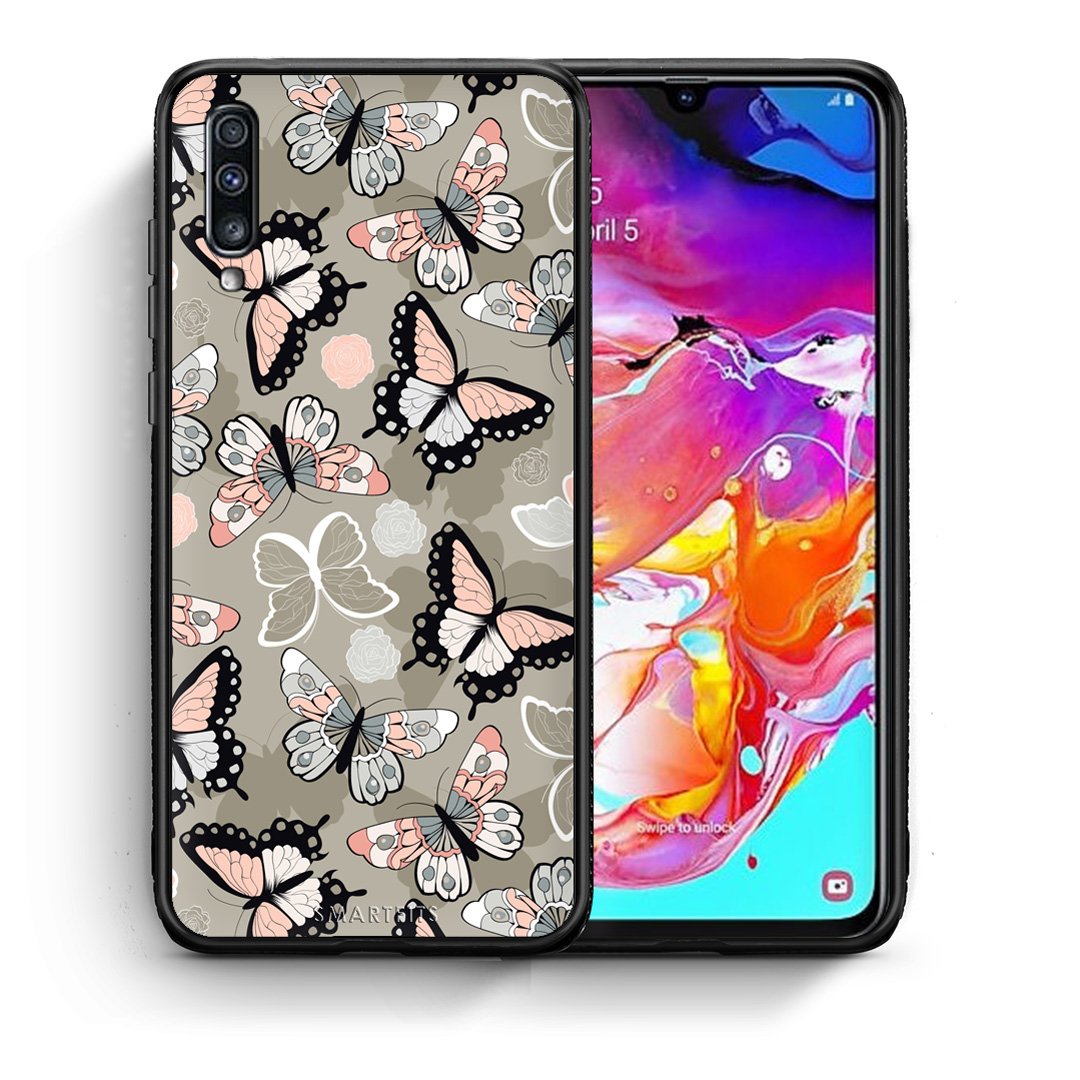 Θήκη Samsung A70 Butterflies Boho από τη Smartfits με σχέδιο στο πίσω μέρος και μαύρο περίβλημα | Samsung A70 Butterflies Boho case with colorful back and black bezels