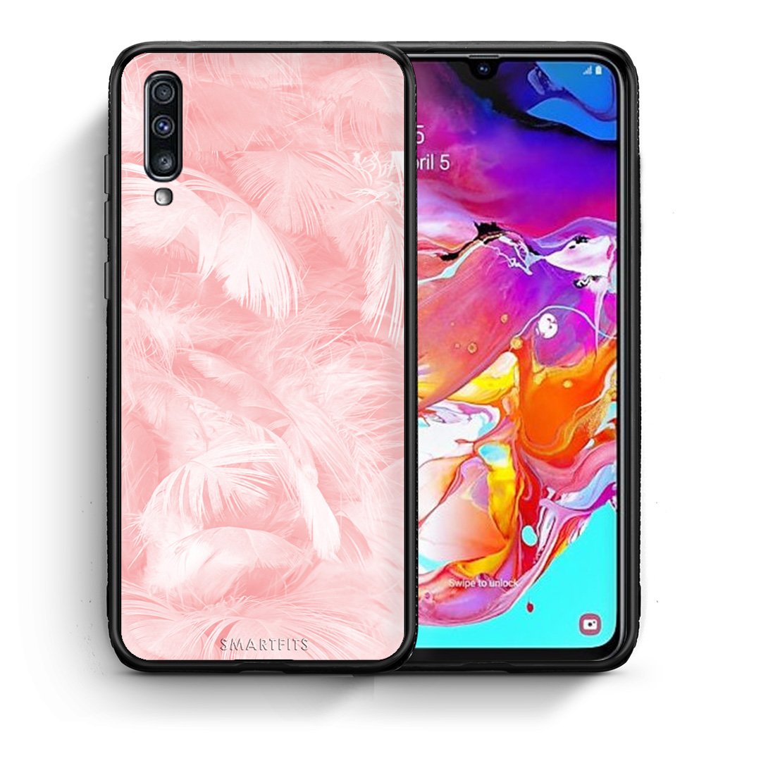 Θήκη Samsung A70 Pink Feather Boho από τη Smartfits με σχέδιο στο πίσω μέρος και μαύρο περίβλημα | Samsung A70 Pink Feather Boho case with colorful back and black bezels