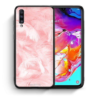 Θήκη Samsung A70 Pink Feather Boho από τη Smartfits με σχέδιο στο πίσω μέρος και μαύρο περίβλημα | Samsung A70 Pink Feather Boho case with colorful back and black bezels
