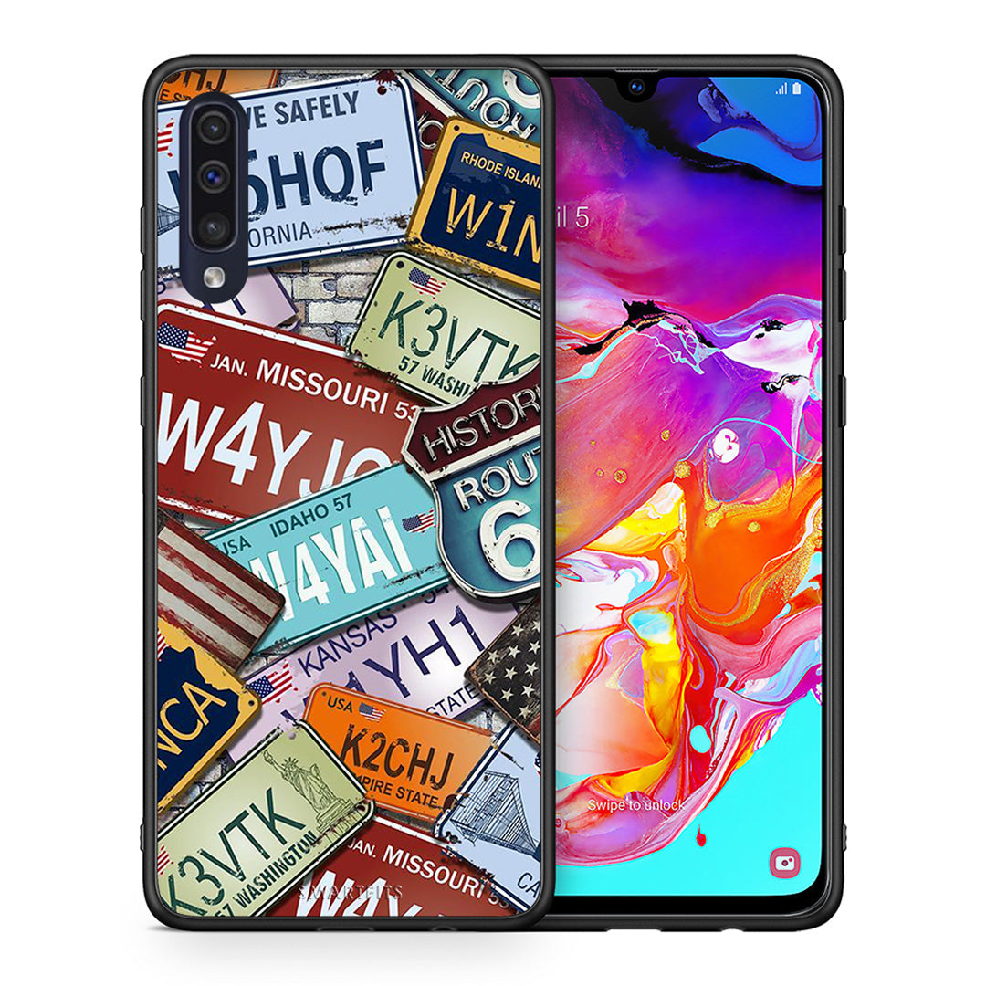 Θήκη Samsung A70 Car Plates από τη Smartfits με σχέδιο στο πίσω μέρος και μαύρο περίβλημα | Samsung A70 Car Plates case with colorful back and black bezels
