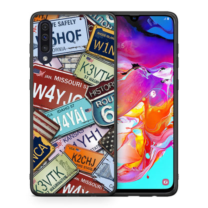 Θήκη Samsung A70 Car Plates από τη Smartfits με σχέδιο στο πίσω μέρος και μαύρο περίβλημα | Samsung A70 Car Plates case with colorful back and black bezels