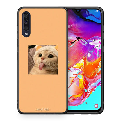 Θήκη Samsung A70 Cat Tongue από τη Smartfits με σχέδιο στο πίσω μέρος και μαύρο περίβλημα | Samsung A70 Cat Tongue case with colorful back and black bezels