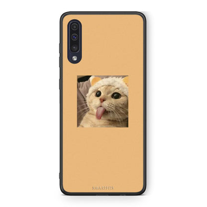Samsung A70 Cat Tongue θήκη από τη Smartfits με σχέδιο στο πίσω μέρος και μαύρο περίβλημα | Smartphone case with colorful back and black bezels by Smartfits