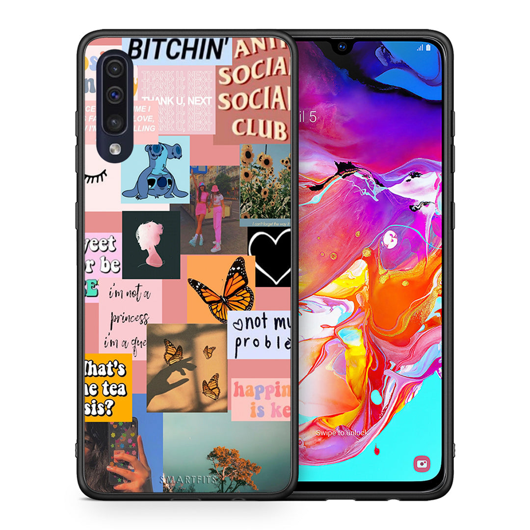 Θήκη Αγίου Βαλεντίνου Samsung A70 Collage Bitchin από τη Smartfits με σχέδιο στο πίσω μέρος και μαύρο περίβλημα | Samsung A70 Collage Bitchin case with colorful back and black bezels