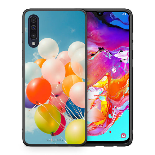 Θήκη Samsung A70 Colorful Balloons από τη Smartfits με σχέδιο στο πίσω μέρος και μαύρο περίβλημα | Samsung A70 Colorful Balloons case with colorful back and black bezels