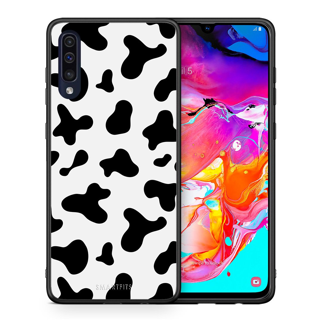 Θήκη Samsung A70 Cow Print από τη Smartfits με σχέδιο στο πίσω μέρος και μαύρο περίβλημα | Samsung A70 Cow Print case with colorful back and black bezels