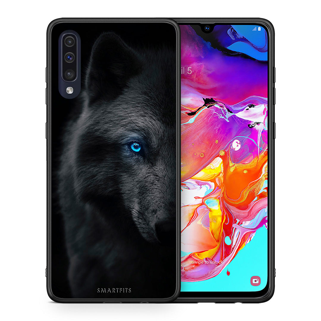 Θήκη Samsung A70 Dark Wolf από τη Smartfits με σχέδιο στο πίσω μέρος και μαύρο περίβλημα | Samsung A70 Dark Wolf case with colorful back and black bezels