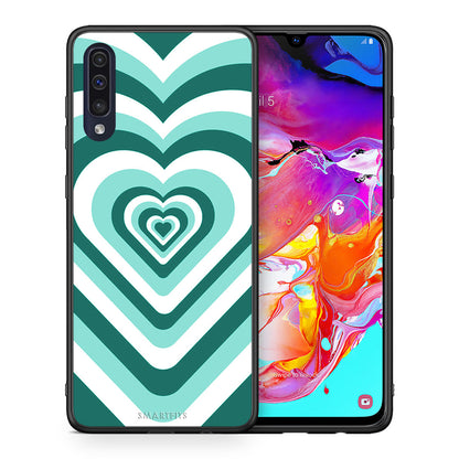 Θήκη Samsung A70 Green Hearts από τη Smartfits με σχέδιο στο πίσω μέρος και μαύρο περίβλημα | Samsung A70 Green Hearts case with colorful back and black bezels