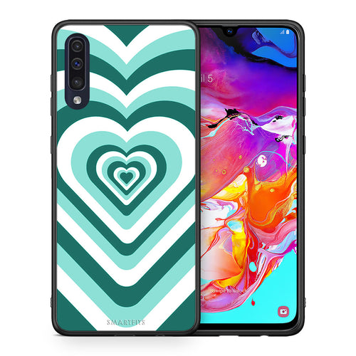 Θήκη Samsung A70 Green Hearts από τη Smartfits με σχέδιο στο πίσω μέρος και μαύρο περίβλημα | Samsung A70 Green Hearts case with colorful back and black bezels