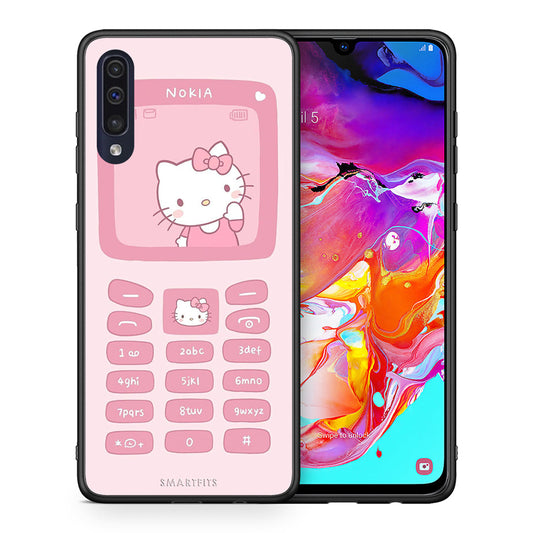 Θήκη Αγίου Βαλεντίνου Samsung A70 Hello Kitten από τη Smartfits με σχέδιο στο πίσω μέρος και μαύρο περίβλημα | Samsung A70 Hello Kitten case with colorful back and black bezels