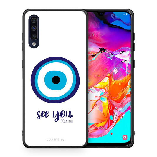 Θήκη Samsung A70 Karma Says από τη Smartfits με σχέδιο στο πίσω μέρος και μαύρο περίβλημα | Samsung A70 Karma Says case with colorful back and black bezels